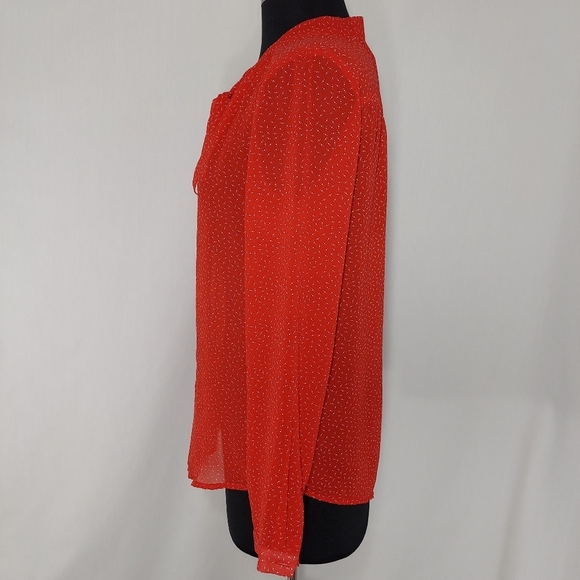Coincidence Chance Bow Tie Button Top S Semi Sheer Red Print Secretary Blouse - Picture 3 of 6